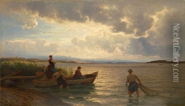 Chiemseefiskere Som Trekker Garnet I Land Oil Painting - Hans Frederick Gude