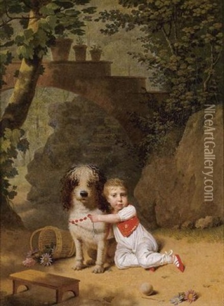 Portrait Of A Little Boy Placing A Coral Necklace On A Dog, Both Seated In A Parkland Setting Oil Painting - Martin Droelling
