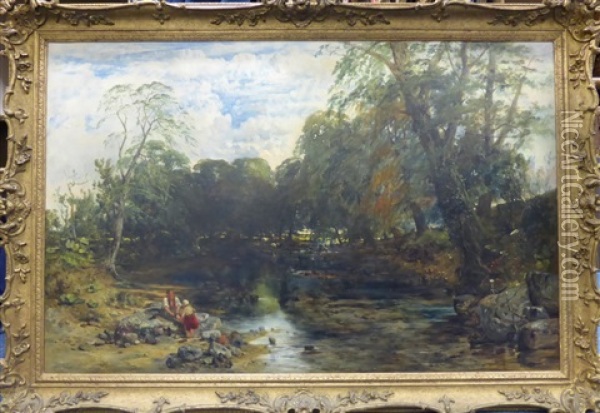 Figures At Rest Beside A Stream Oil Painting - John Wright Oakes