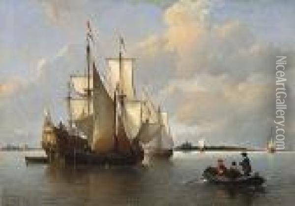 Sailing Vessels In A Calm Haarlem In The Distance Oil Painting - Antonie Waldorp