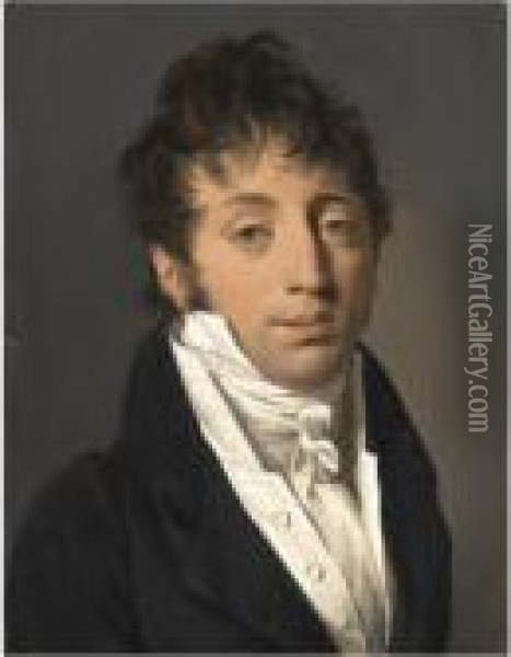 Portrait Of A Man, Half Length, Wearing A Black Jacket With A White Cravat Oil Painting - Louis Leopold Boilly