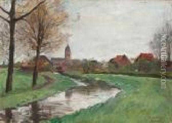Fruhlingslandschaft Mit Bachlauf Und Dorf Oil Painting - August Jernberg