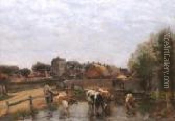 Cattle Watering In A Village Pond. Oil Painting - William Mark Fisher
