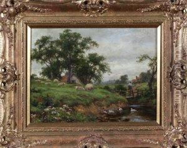 A Country Scene With Sheep And 
Ducks At A Riverbank And A Female Figure Crossing A Rustic Bridge In The
 Middle Distance Oil Painting - Joseph Dixon Clark
