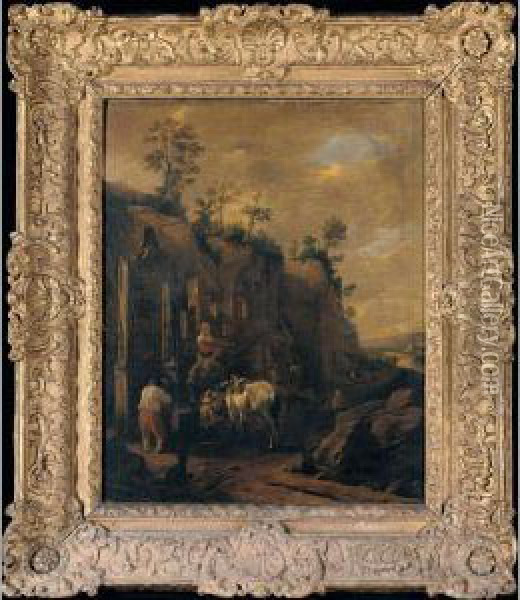 An Italianate Landscape With Drovers And Travellers Resting Beside A Well Oil Painting - Adriaen van Eemont