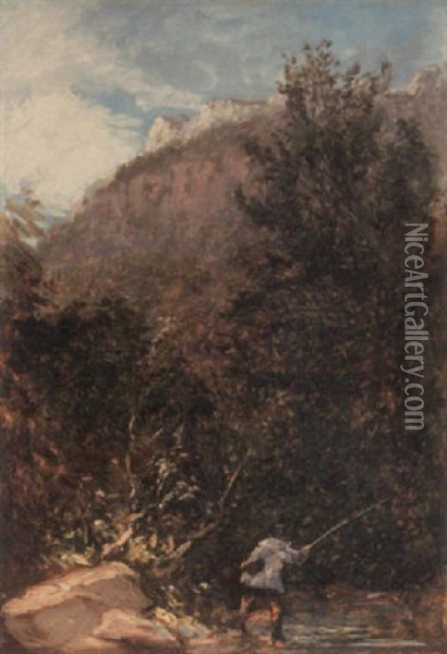 An Angler On The River Llugwy, Bettws-y-coed Oil Painting - David Cox the Elder