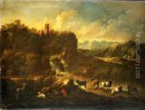 Paesaggio Con Pastori E Armentie Borgo Turrito In Lontananza Oil Painting - Johann Melchior Roos