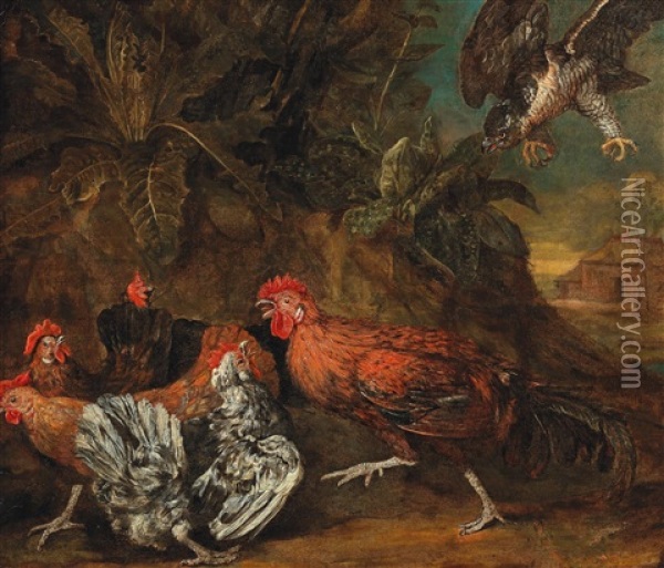 Fowls Attacked By A Bird Of Prey Oil Painting - Melchior de Hondecoeter