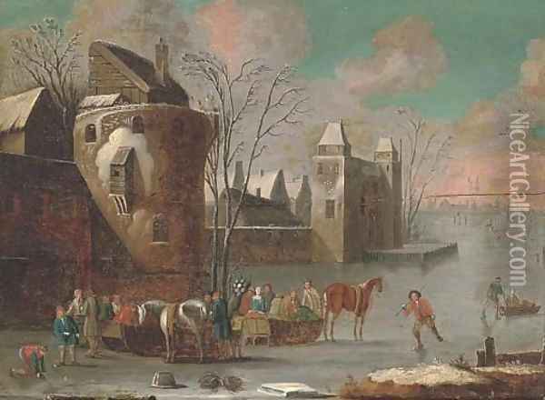 A frozen river landscape with skaters by a town Oil Painting - Thomas Heeremans