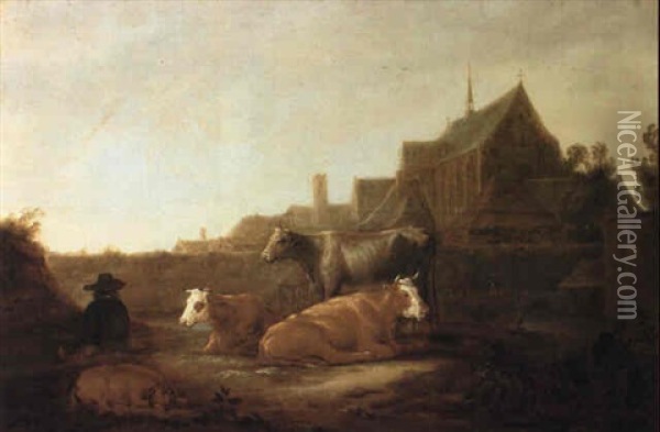 Herdsman And Cows In A Field With The Duitsche Huis And Mariakerk Oil Painting - Aelbert Cuyp
