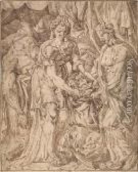Judith Putting Holofernes Head In A Sack (book Of Ruth 13:11)<</b> Oil Painting - Maerten van Heemskerck