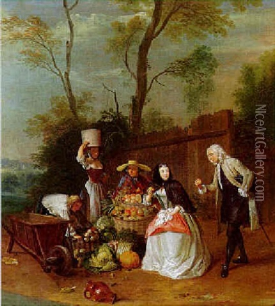 An Elegant Couple Buying Apples From A Produce Seller Oil Painting - Pieter Angillis
