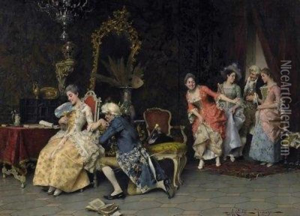 Galant Wooing. Courtly Company Playing Palour Games In The Salon. Oil Painting - Adriano Cecchi