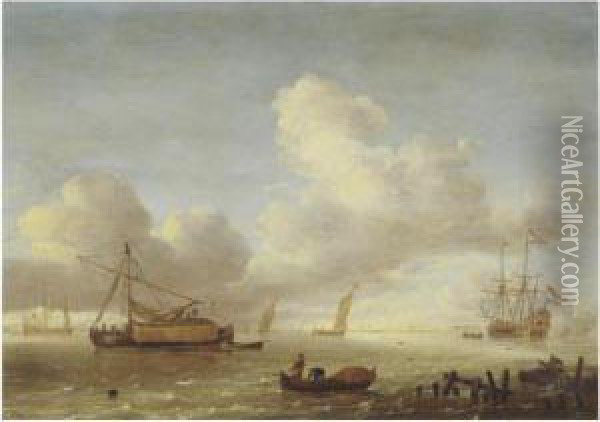 Ships In An Estuary With Fishermen And A Jetty In The Foreground Oil Painting - Hieronymous Van Diest
