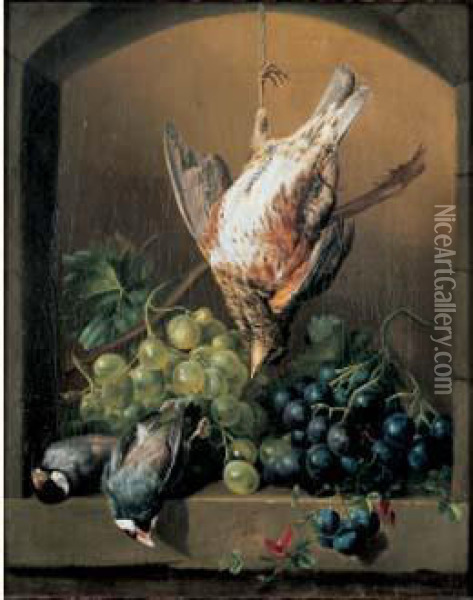 Nature Morte Aux Oiseaux Et Grappes De Raisins Oil Painting - Hendrik Reekers