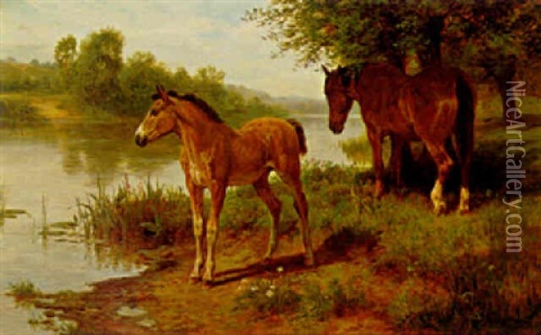 Mare And Foal On The Bank Of The Thames Oil Painting - Basil Bradley