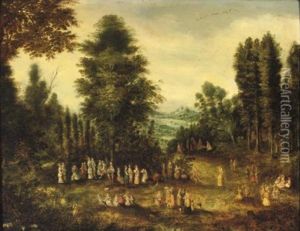 A Wooded Landscape With An Elegant Company Conversing And Making Music Oil Painting - David Vinckboons