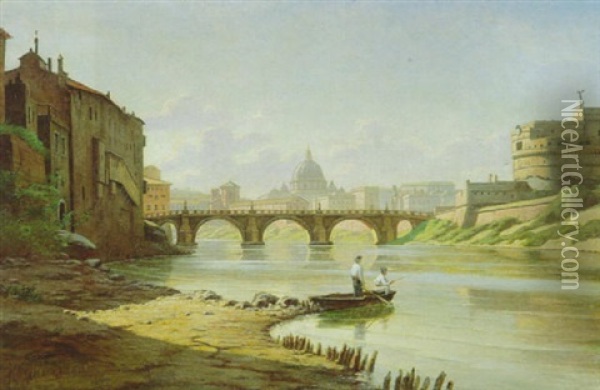 Pecheurs Au Bord Du Tibre, Pres Du Pont Du Chateau Saint-ange A Rome Oil Painting - Carl Georg Christian Schumacher