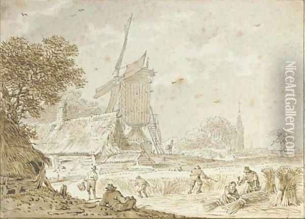Landscape with farmers haying near a windmill and a farmhouse, a town beyond Oil Painting - Dutch School