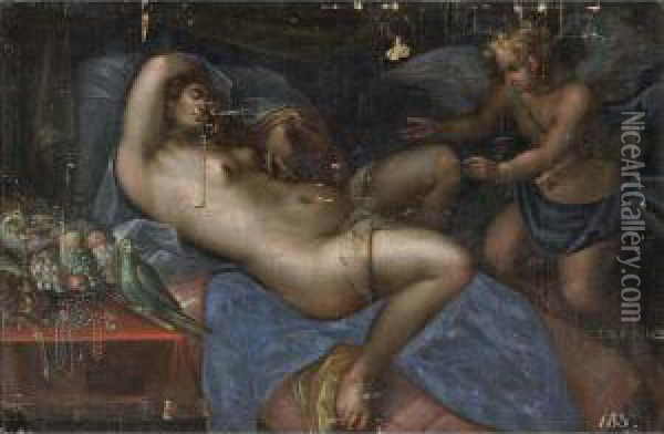 Venus Reclining With Cupid Oil Painting - Dirck de Quade Van Ravesteyn
