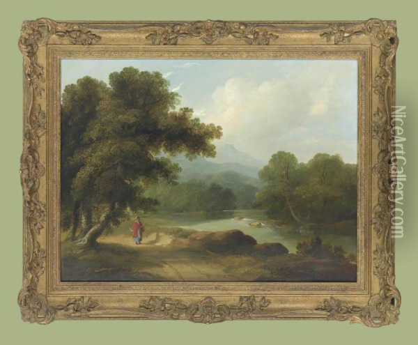A Wooded River Landscape With A Woman On A Track Oil Painting - James Arthur O'Connor