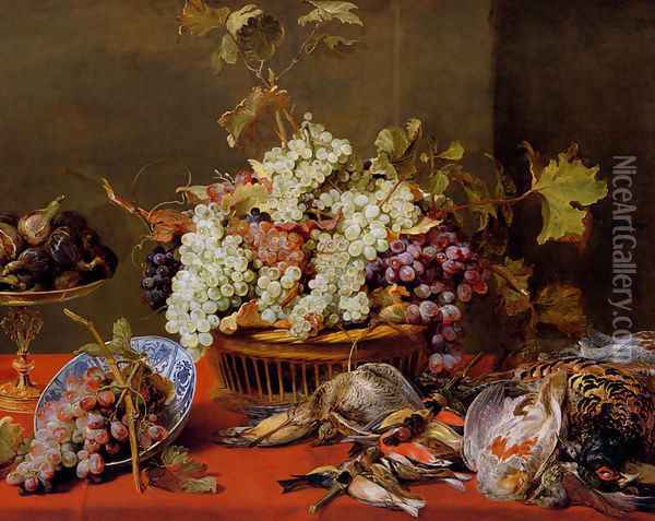 A Still Life Of Grapes In A Basket And A Bunch In A Wan-li 'Kraak' Porcelain Bowl With Figs In A Tazza On A Red Draped Ledge With A Woodstock, Pheasants, A Partridge And Other Birds Oil Painting - Frans Snyders