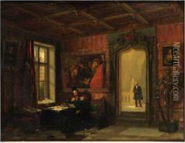 King Willem Ii Of The Netherlands Seated In His Study At The Palacekneuterdijk, The Hague, With His Comptroller Victor Amadeotrossarello Standing In The Doorway In The Background Oil Painting - Augustus Wijnantz