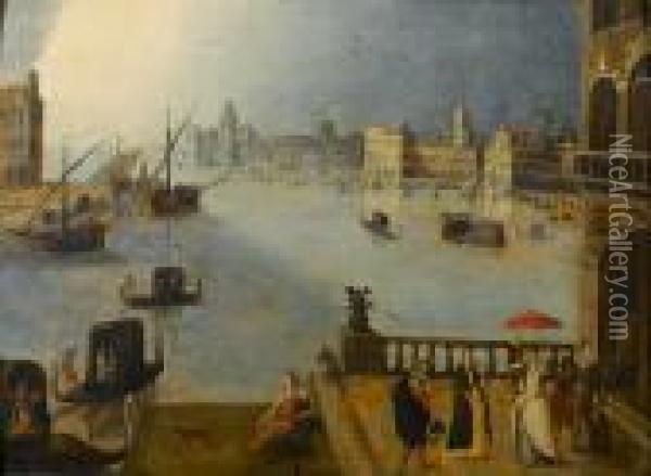A Venetian 
Capriccio
, With Elegant Figures On A Terrace Oil Painting - Louis de Caullery