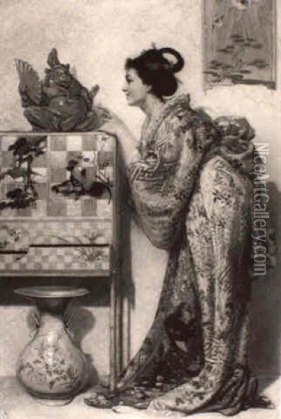 An Occidental Lady As A Japanese Courtesan Within A         Japanese Decor Admiring A Jade Figurine Oil Painting - Alfred Thompson