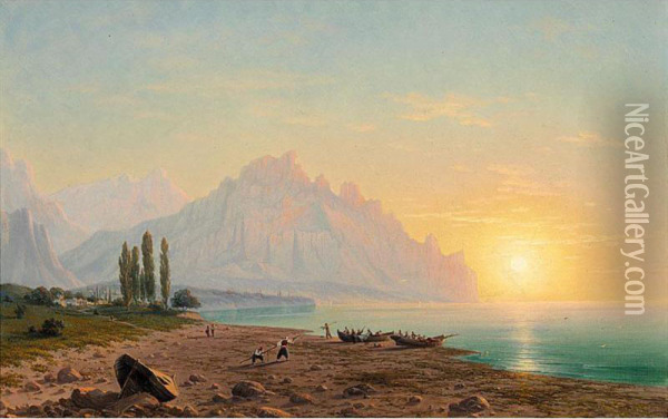 A View Of Kara Bay At Sunset Oil Painting - Grigory Odissevich Kalmykov