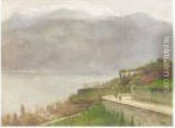 Lakeside Mountain Peaks Oil Painting - Arthur Hacker