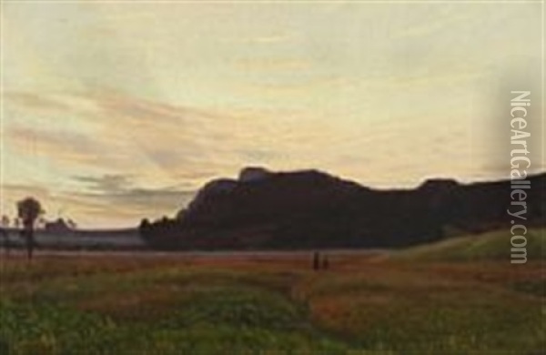 Two People In A Flowering Clover Field At Sunset Oil Painting - Vilhelm Peter Karl Kyhn
