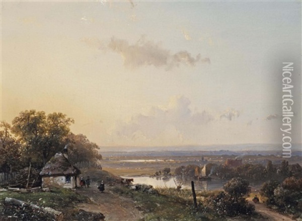 A Panoramic River Landscape With Travellers On A Path Oil Painting - Andreas Schelfhout