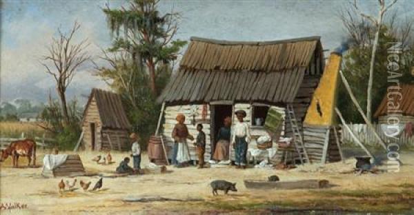Cabin Scene With Family Oil Painting - William Aiken Walker