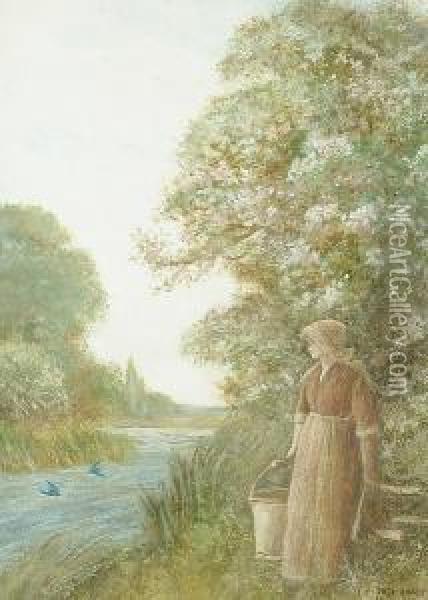 A Milkmaid By A River Oil Painting - Fred Hines