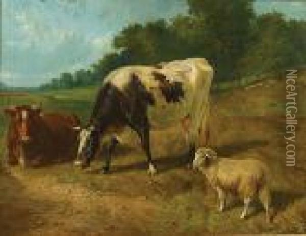 Koeien En Schaap In Een Weide. Oil Painting - Louis Marie Dominique Romain Robbe