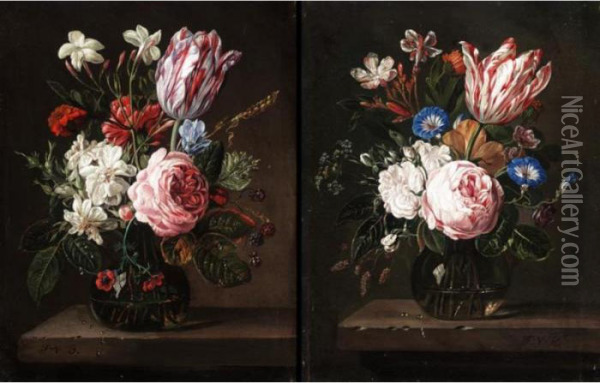 Still Lifes Of Roses, 
Carnations, Tulips And Other Flowers In Glass Vases Resting On A Ledge. Oil Painting - Nicolas Van Veerendael