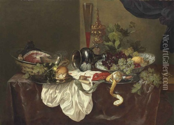 A Roemer, A Langoustine And A Ham On Pewter Plates, With An Upturned Pewter Jug, On A Partially Draped Table Oil Painting - Abraham van Beyeren