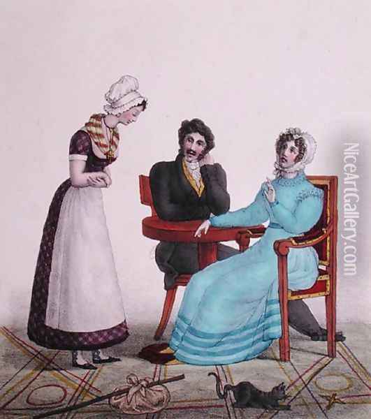 And above all else, be good, caricature of a couple talking to their maid before she leaves, c.1820-30 Oil Painting - Villain
