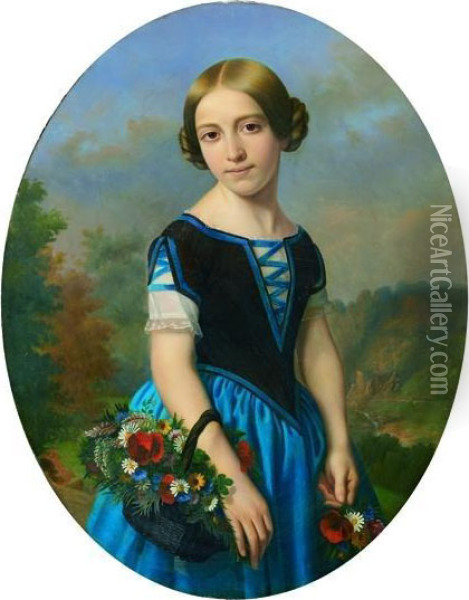 Portrait De Jeune Fille Au Panier De Fleurs Oil Painting - Victor Darjou