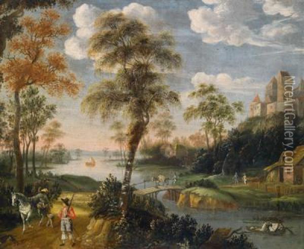 Flusslandschaft Mit Einer Hochgelegenen Burg Und Figurenstaffage Oil Painting - Peter Von Bemmel