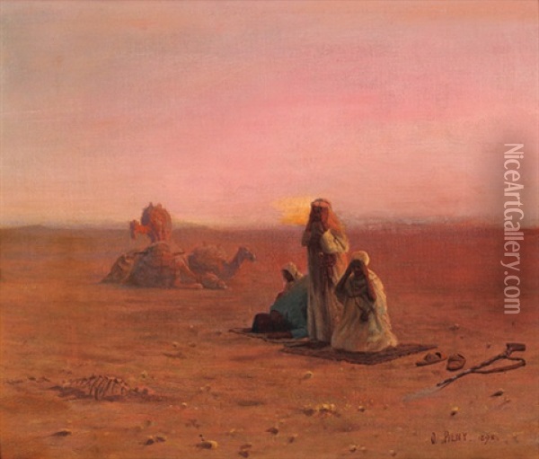 Araber Beim Abendgebet In Der Wuste Mit Kamelen Oil Painting - Otto Pilny