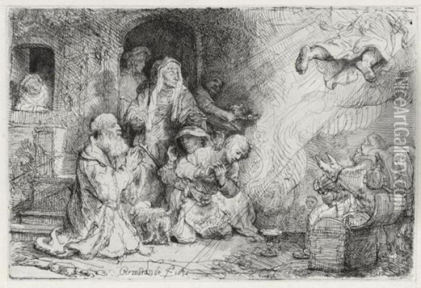 The Angel Departing From The 
Family Of Tobias (bartsch, Hollstein 43; Hind 185; Bjorklund & 
Barnard 41-g) Oil Painting - Rembrandt Van Rijn