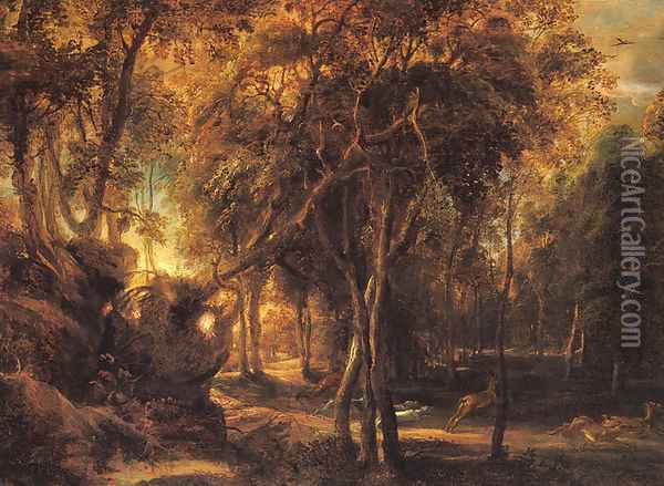 A Forest at Dawn with Deer Hunt Oil Painting - Peter Paul Rubens