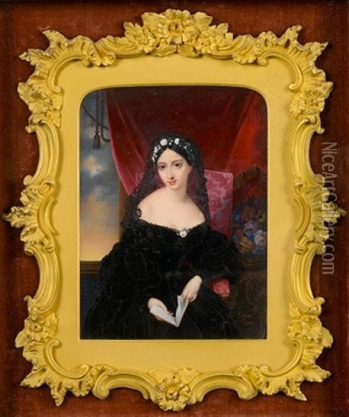 A Lady, Seated On An Upholstered Chair, Wearing Black Dress, Pink Rose At Her Corsage, Black Lace Veil And Wreath Of White Roses In Her Black Hair Oil Painting - Guglielmo Faija