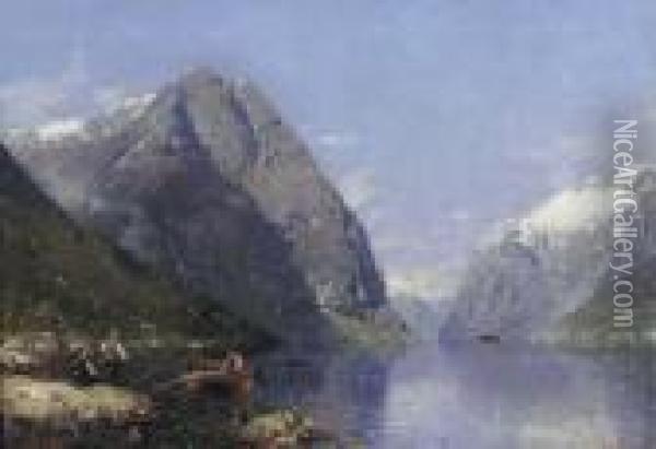 A Norwegian Fjord In Summer, With Children Fishing In The Foreground Oil Painting - Georg Anton Rasmussen