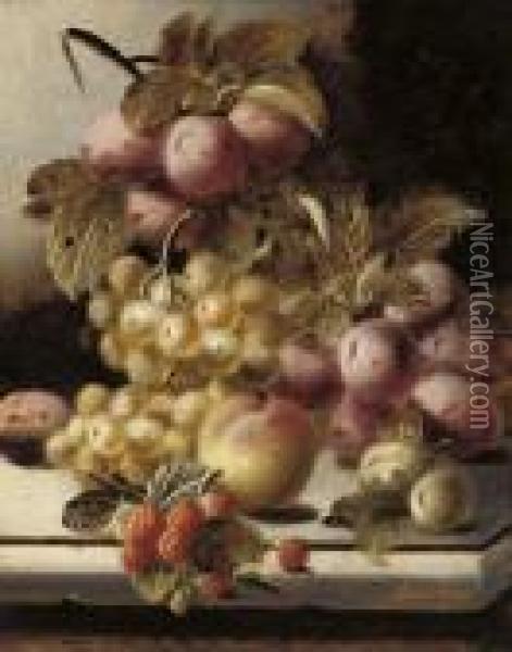 Plums, Grapes, A Peach And Raspberries On A Stone Ledge Oil Painting - Oliver Clare