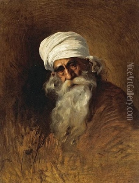 A Portrait Of An Arab Patriarch Oil Painting - Henry Jones Thaddeus