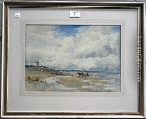 Coastal View With Figures Collecting Seaweed Near A Cart Oil Painting - Augustus Watford Weedon