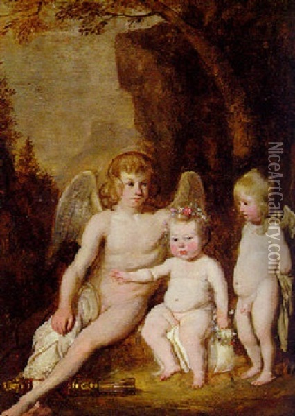 Cupid With Putti At Rest In A Landscape Oil Painting - Nicolaes Maes
